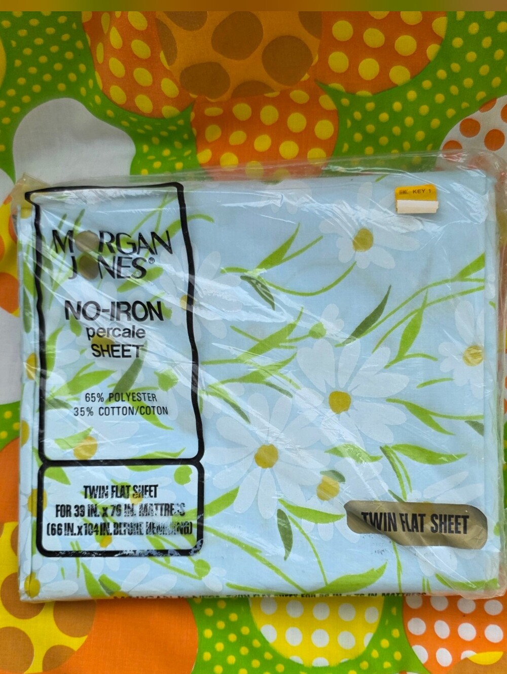 Morgan Jones No-Iron Percale Twin Flat Sheet - VTG Baby Blue Dainty Daisies NOS